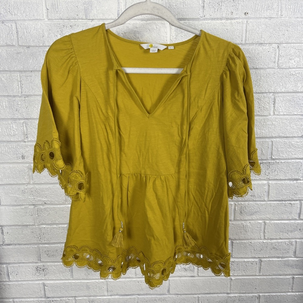 Boden Mustard Yellow Boho Blouse Womens Size 6 Lace Trim Tassel Top Cottagecore